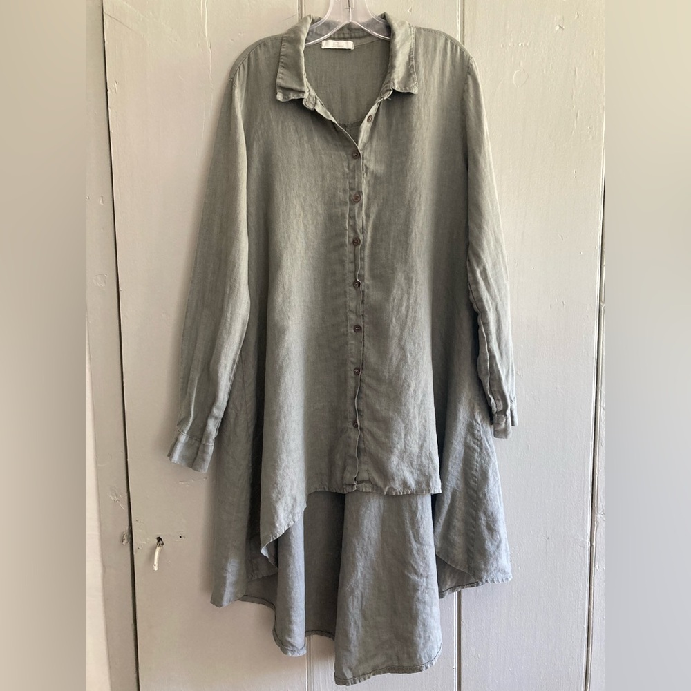 Baci Dress Womens L Gray 100% Linen Shirt Dress High Low Italy Lagenlook